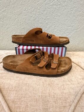 Birkenstock Brown Suede Three-Strap Slide Sandals